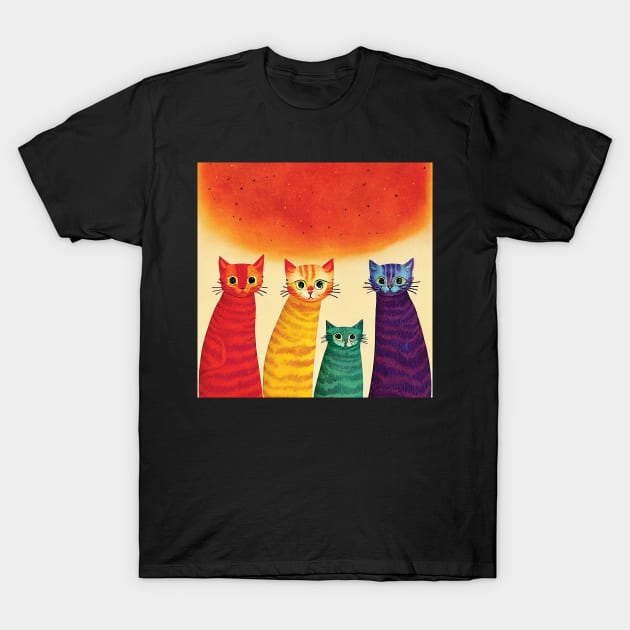 Four Quirky Multicoloured Cats Print. Purple, Red Yellow and Green T-Shirt by Geminiartstudio